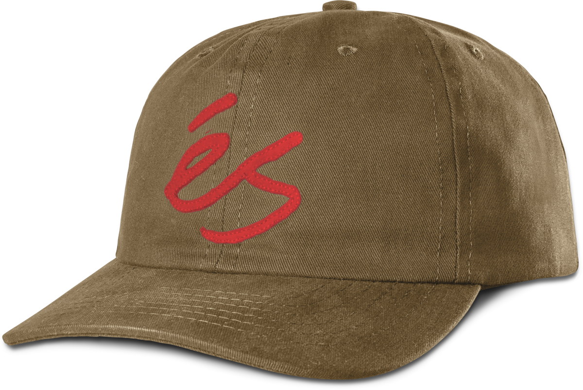 Brown snapback hat featuring red script applique design on 100% cotton twill fabric