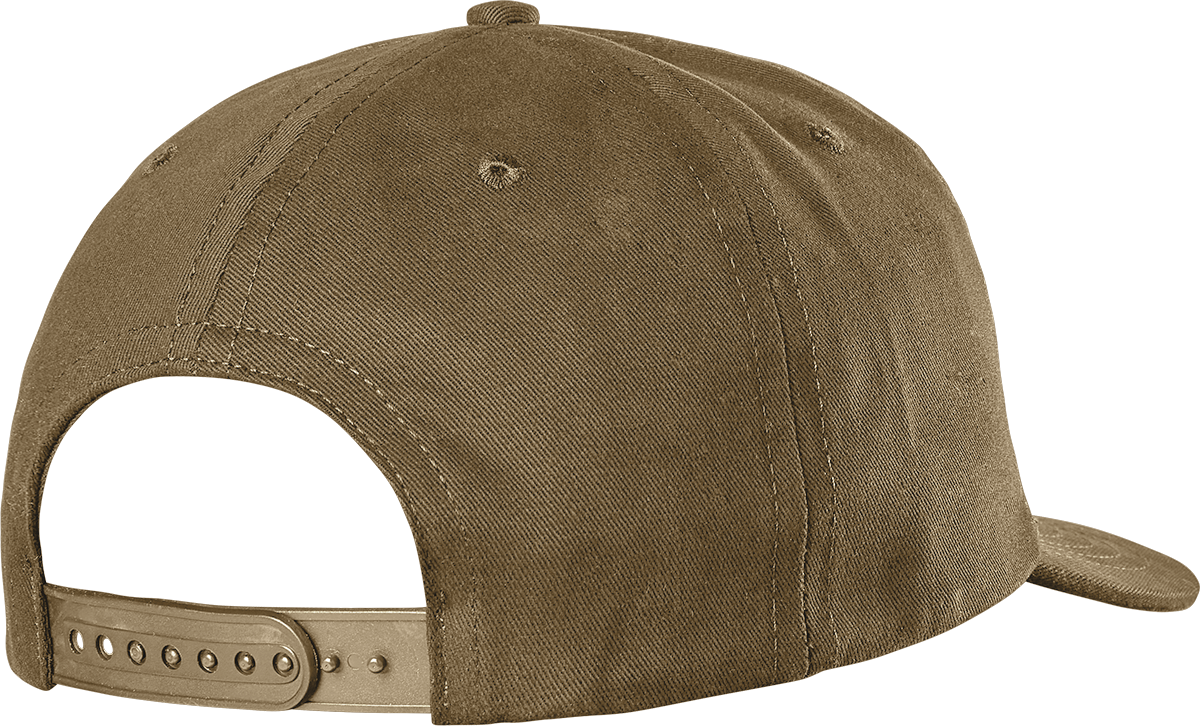 Back view of a brown Script Applique Snapback Hat made of 100% cotton twill, showcasing the adjustable strap and textured fabric.