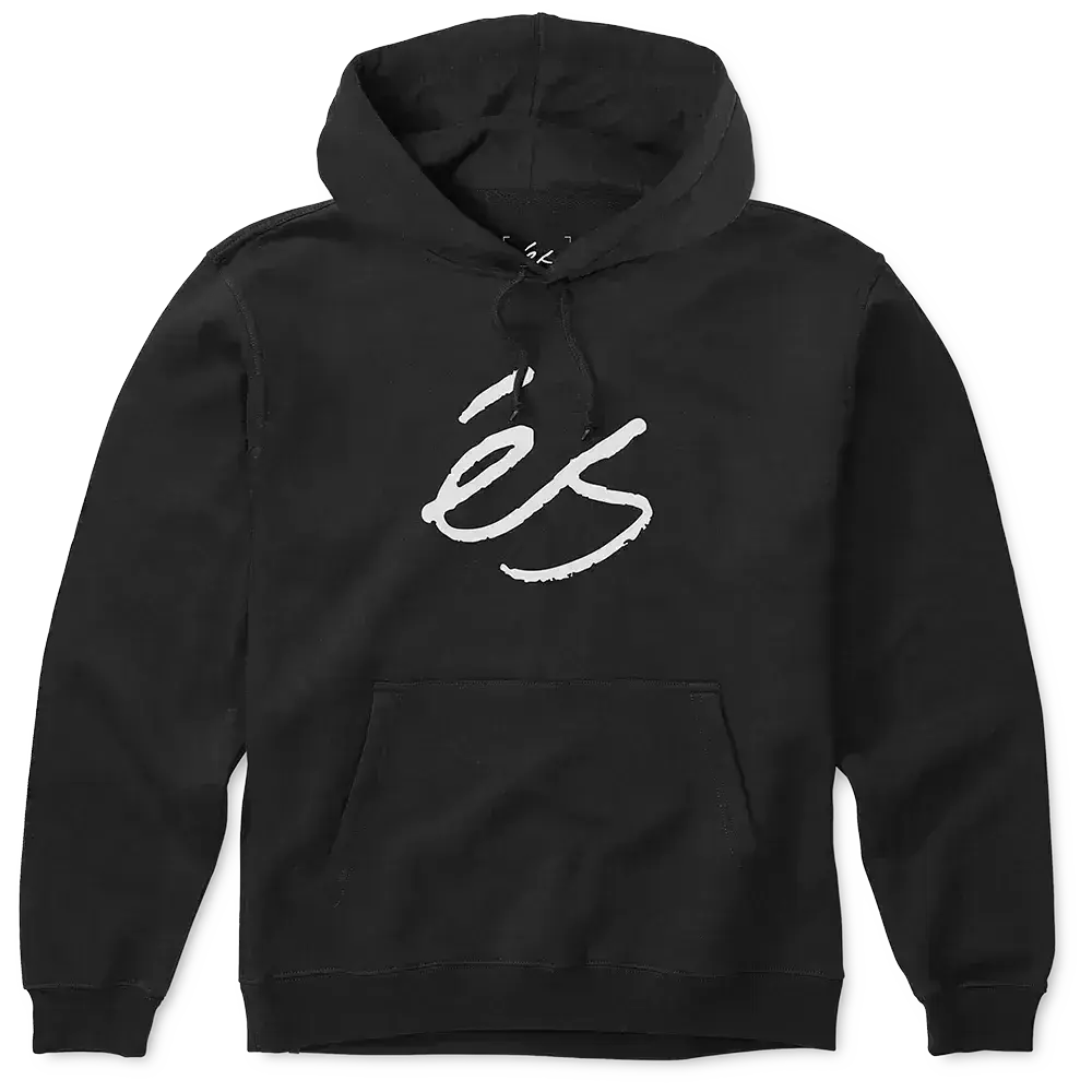 Script Pullover Hoodie Black Fleece | éS Skateboarding Screen Hooded Fleece Es Footwear Sneakers Skate Style OG Premium