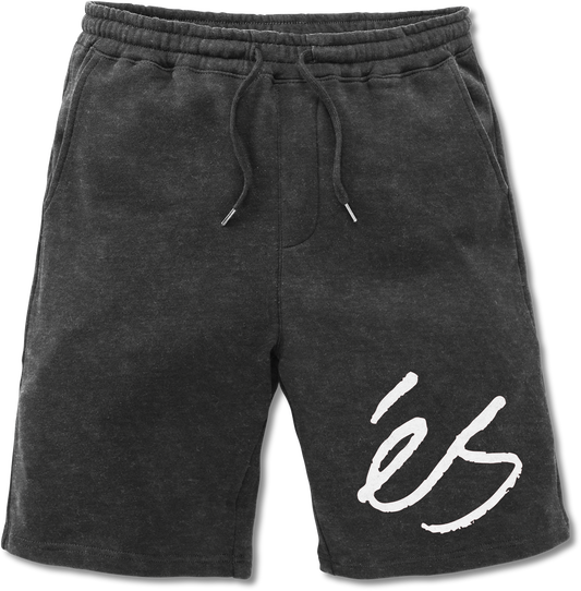 Black BIG SCRIPT SWEAT SHORTS with drawstring waist and white script design, made of ring-spun cotton/polyester blend.