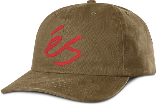 Brown snapback hat featuring red script applique design on 100% cotton twill fabric