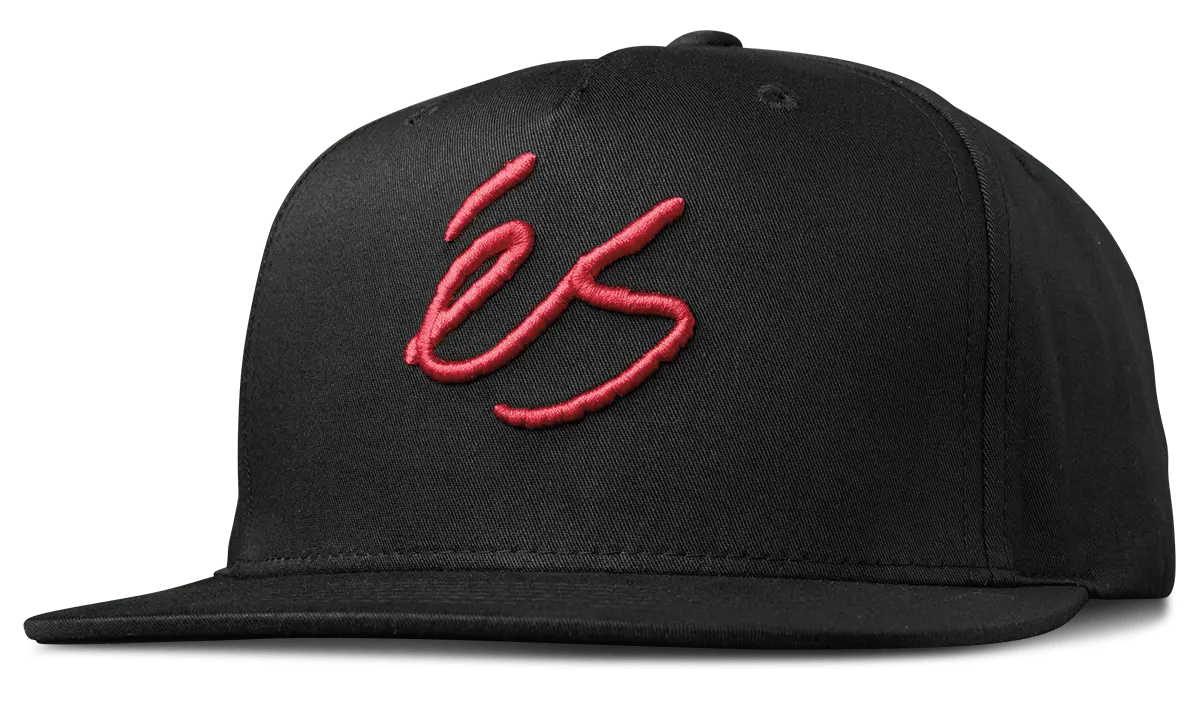 Script Snapback Hat in Black, side view | éS Skateboarding